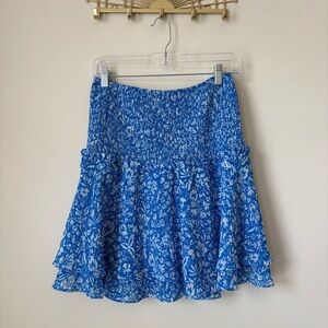 Avec Les Filles Blue Floral Smocked Ruffle Mini Skirt Large